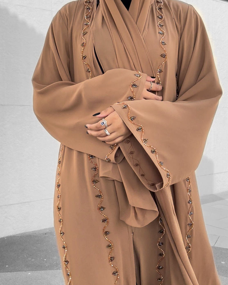 Tan Bead Embellished Abaya