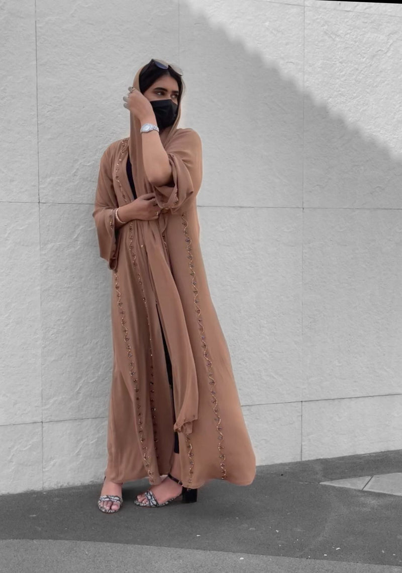 Tan Bead Embellished Abaya