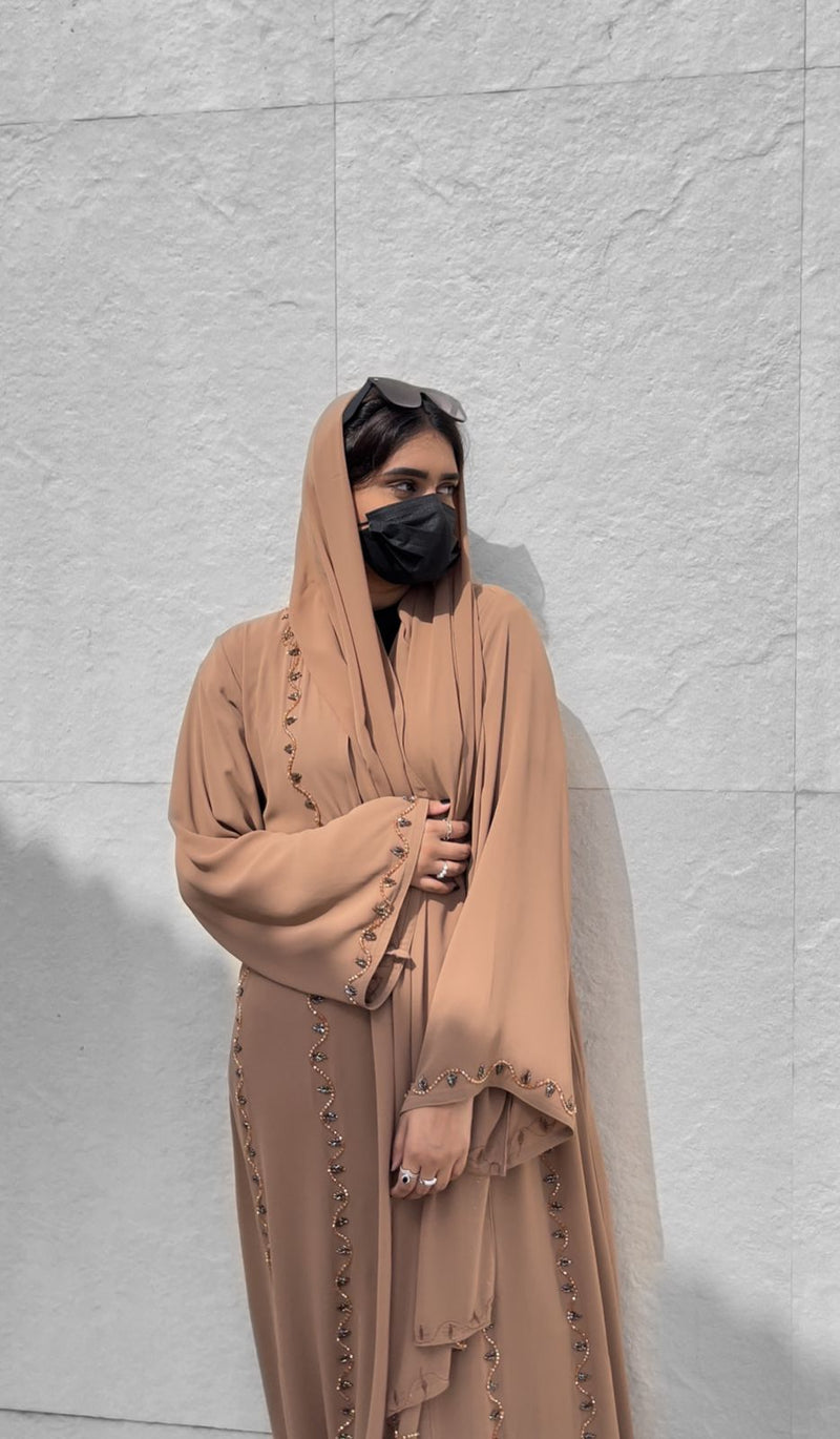 Tan Bead Embellished Abaya