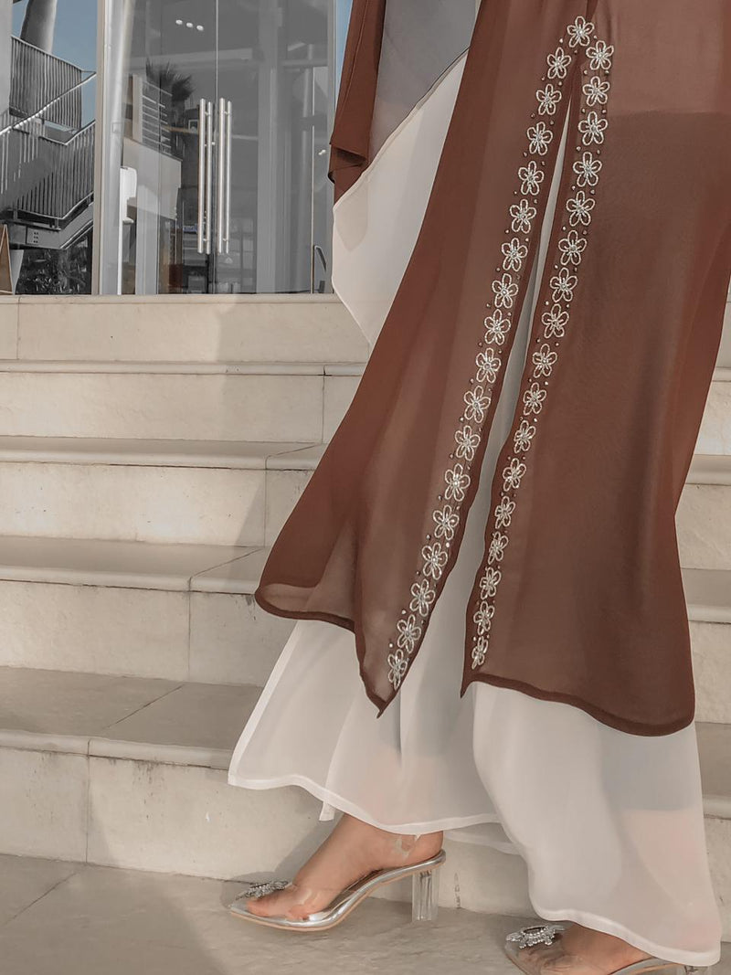 Brown & White Layered Abaya