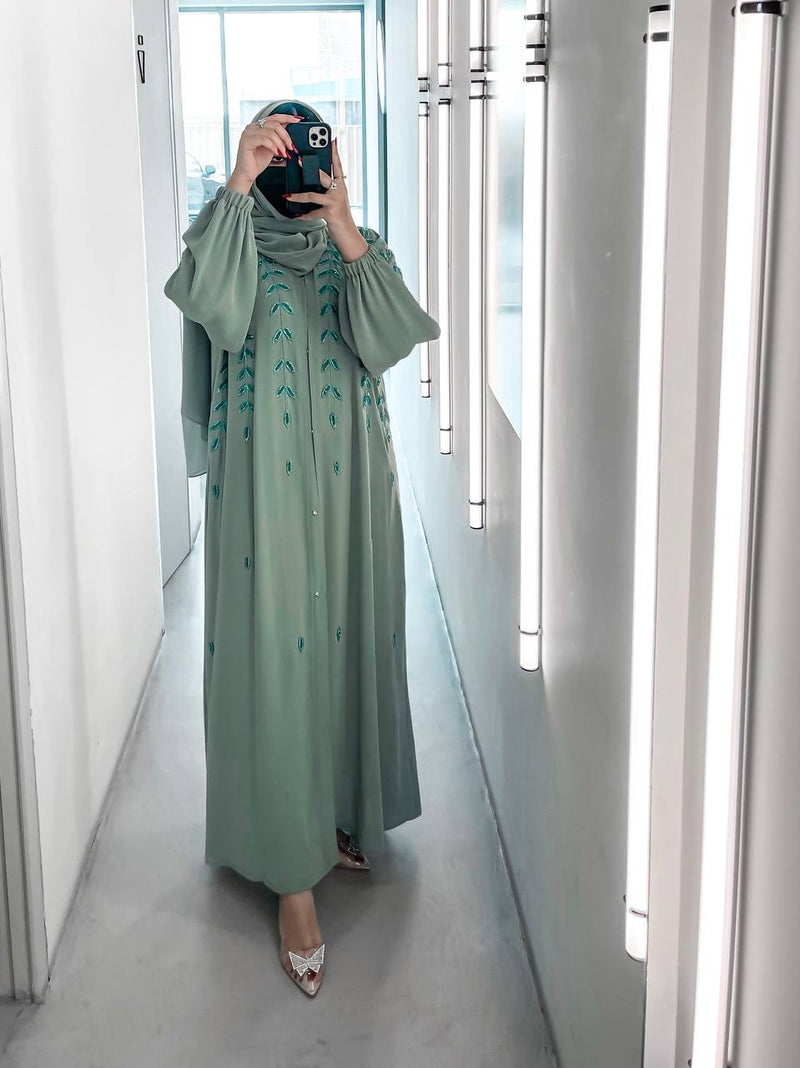 Sage Abaya With Emerald Detail