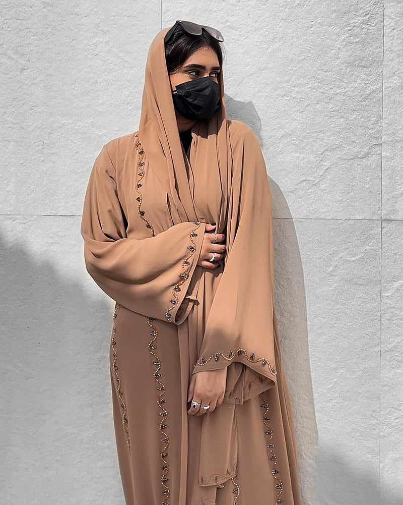 Tan Bead Embellished Abaya