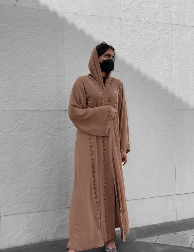 Tan Bead Embellished Abaya