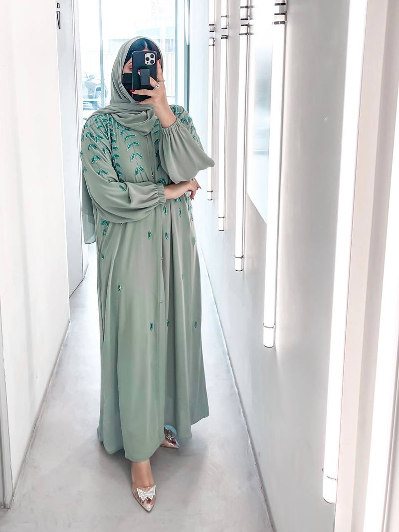 Sage Abaya With Emerald Detail