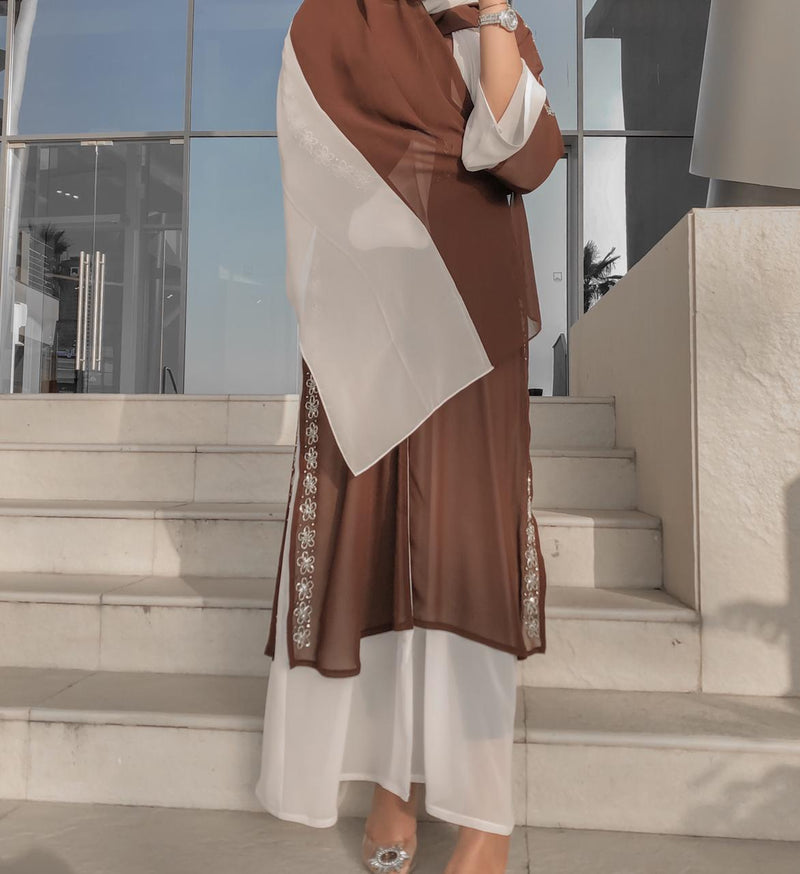 Brown & White Layered Abaya