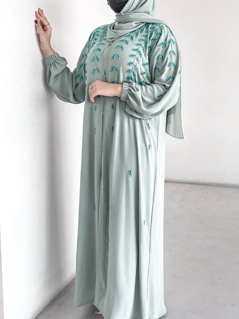 Sage Abaya With Emerald Detail