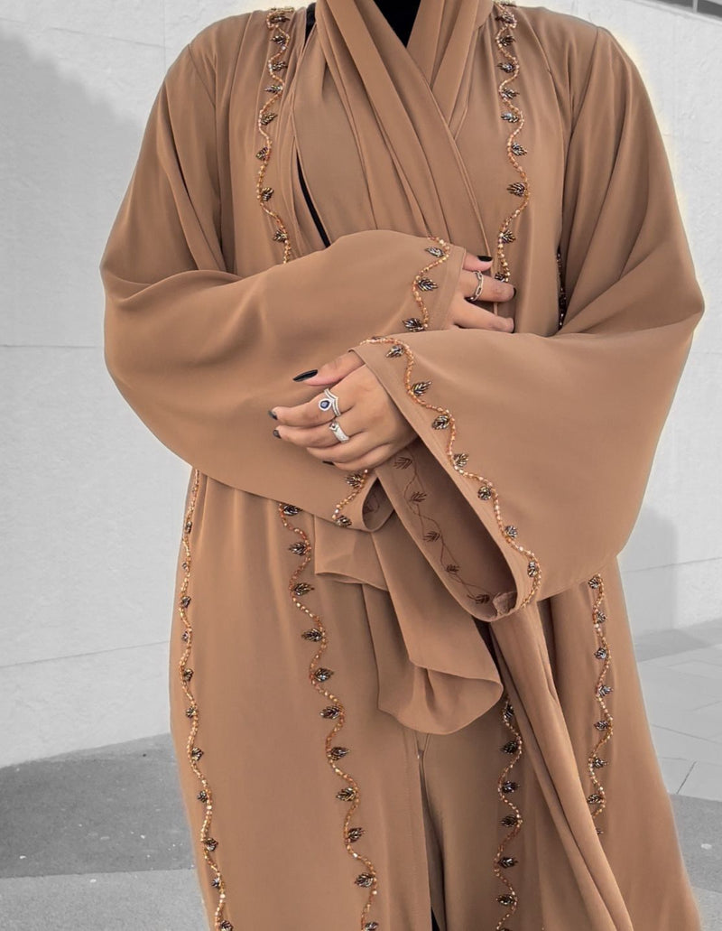 Tan Bead Embellished Abaya