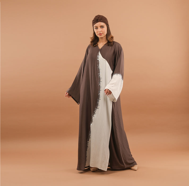 Brown & White Wrap Abaya