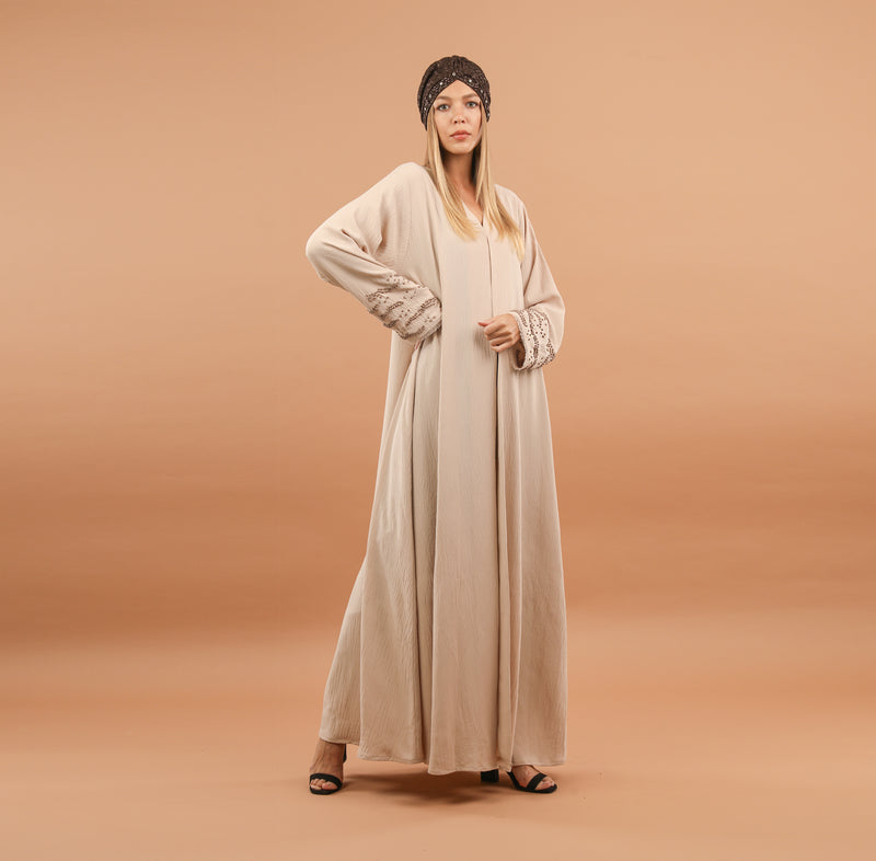 Beige Abaya with Mink Beaded Sleeves