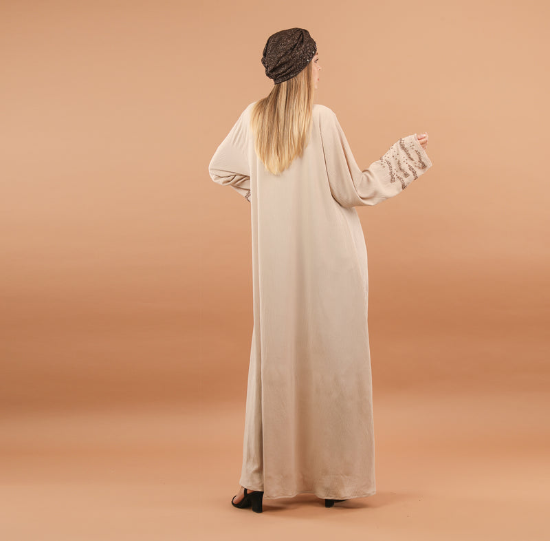 Beige Abaya with Mink Beaded Sleeves