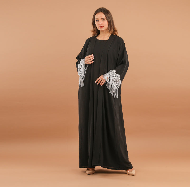 Black Abaya With Grey Tassel Lace