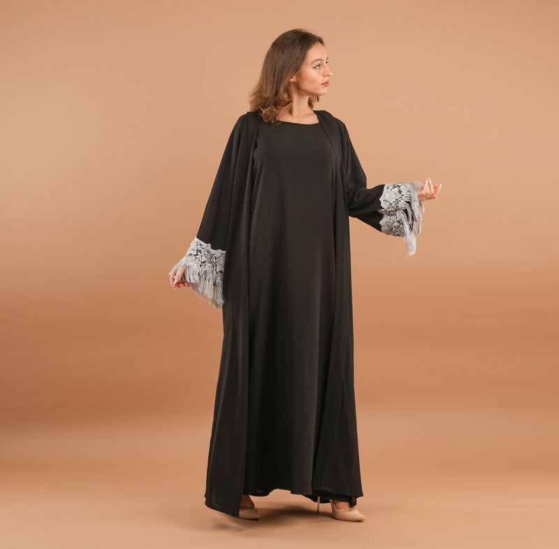 Black Abaya With Grey Tassel Lace