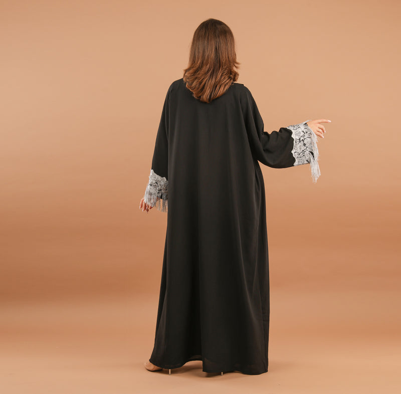 Black Abaya With Grey Tassel Lace