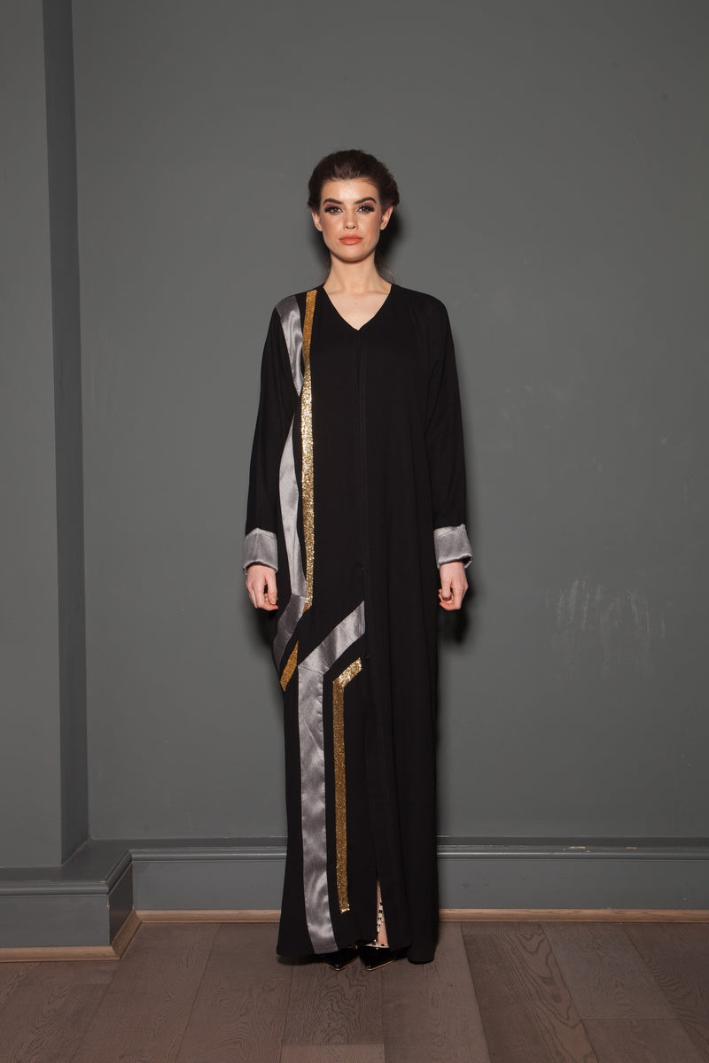 Black Abaya With Silver Silk & Gold Detail