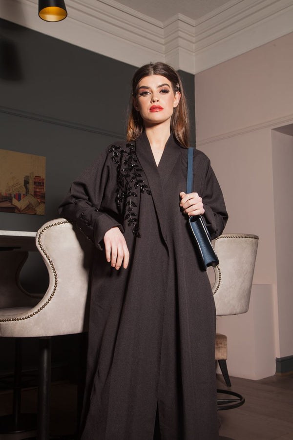 Black On Black Beaded Jacket Abaya