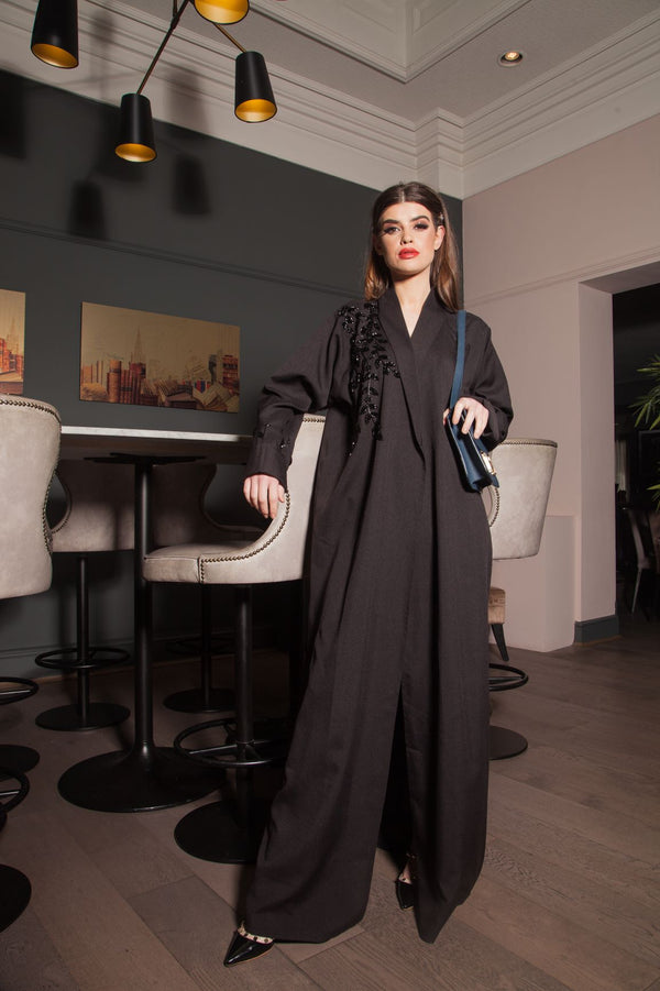 Black On Black Beaded Jacket Abaya