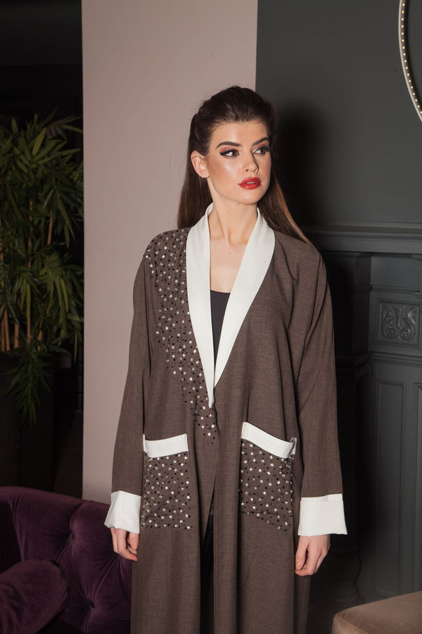 Brown Abaya With White Lapels