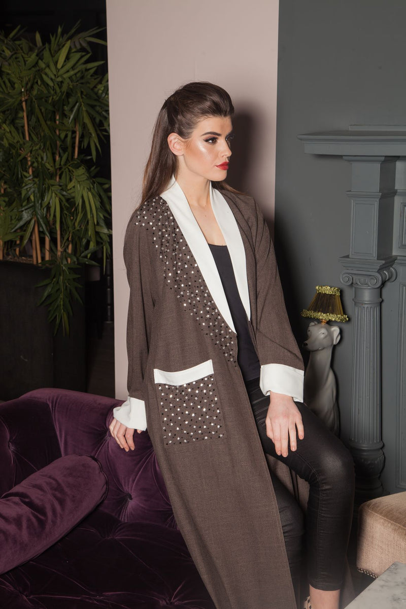 Brown Abaya With White Lapels