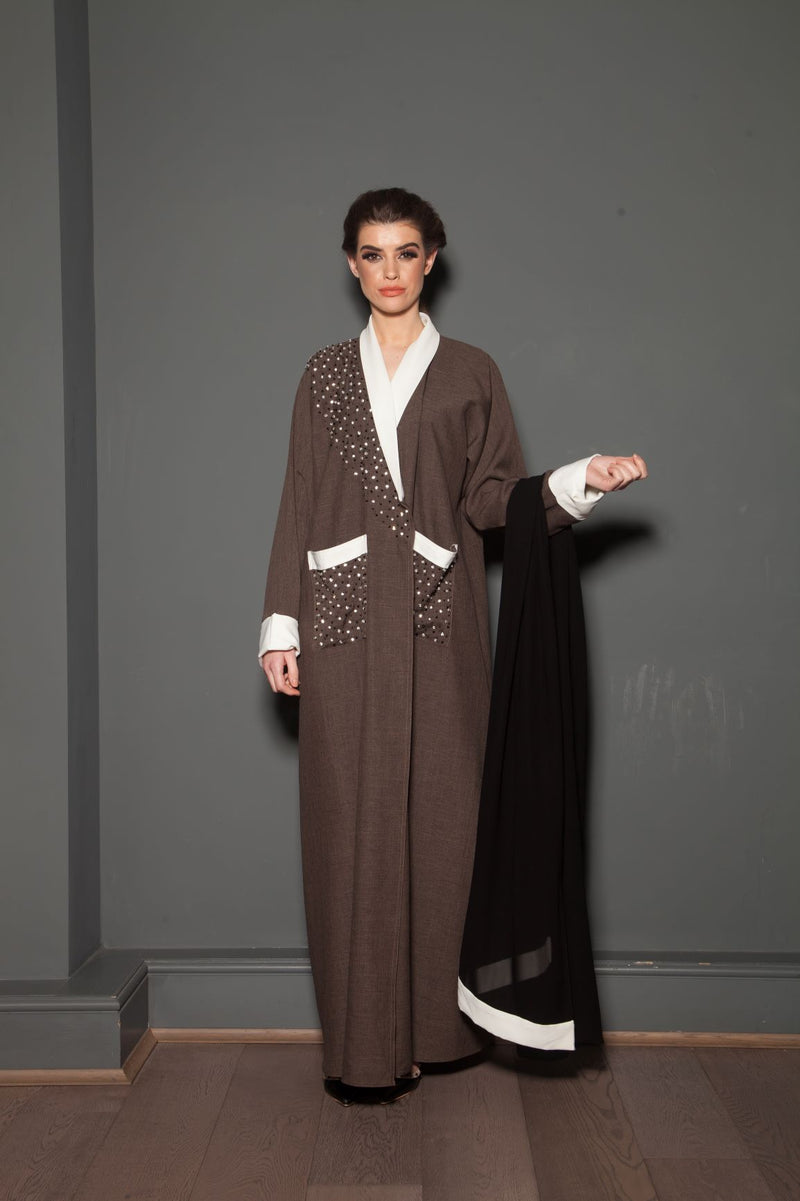 Brown Abaya With White Lapels