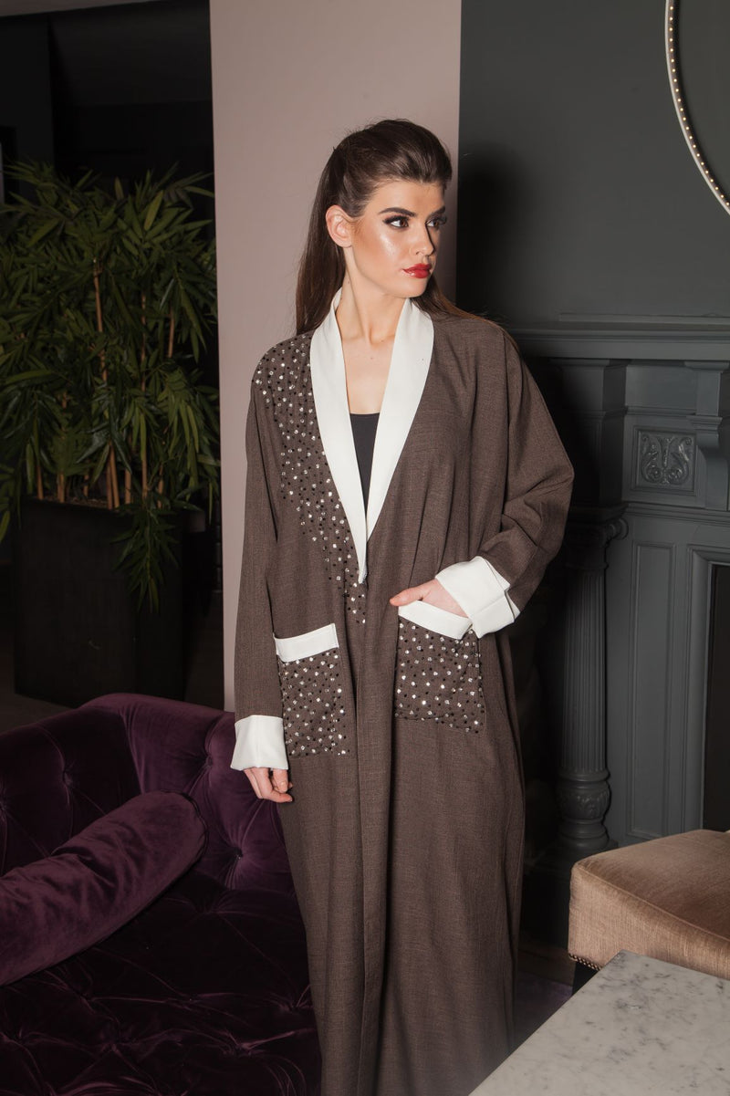 Brown Abaya With White Lapels